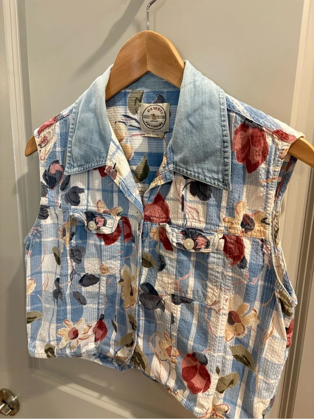 Vintage 90s Cropped Gingham Floral Patchwork Vest Retro Denim Women’s L - Picture 2 of 8